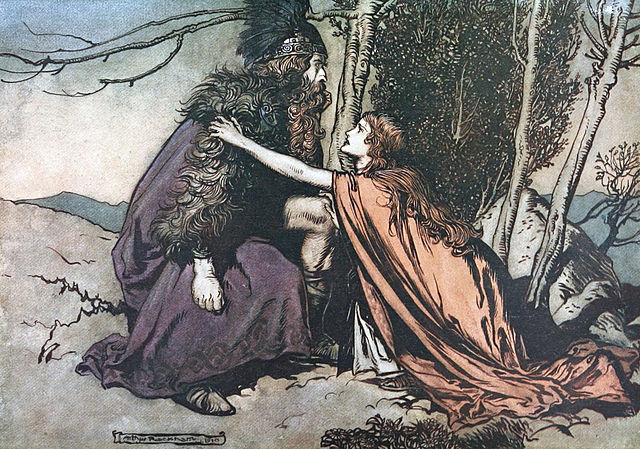 Father and daughter are failing to get on the same page regarding Siegmund (Arthur Rackham, 1910)