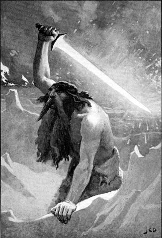 "I'm hitting 'SEND'..." (Giant with the Flaming Sword by John Charles Dollman)